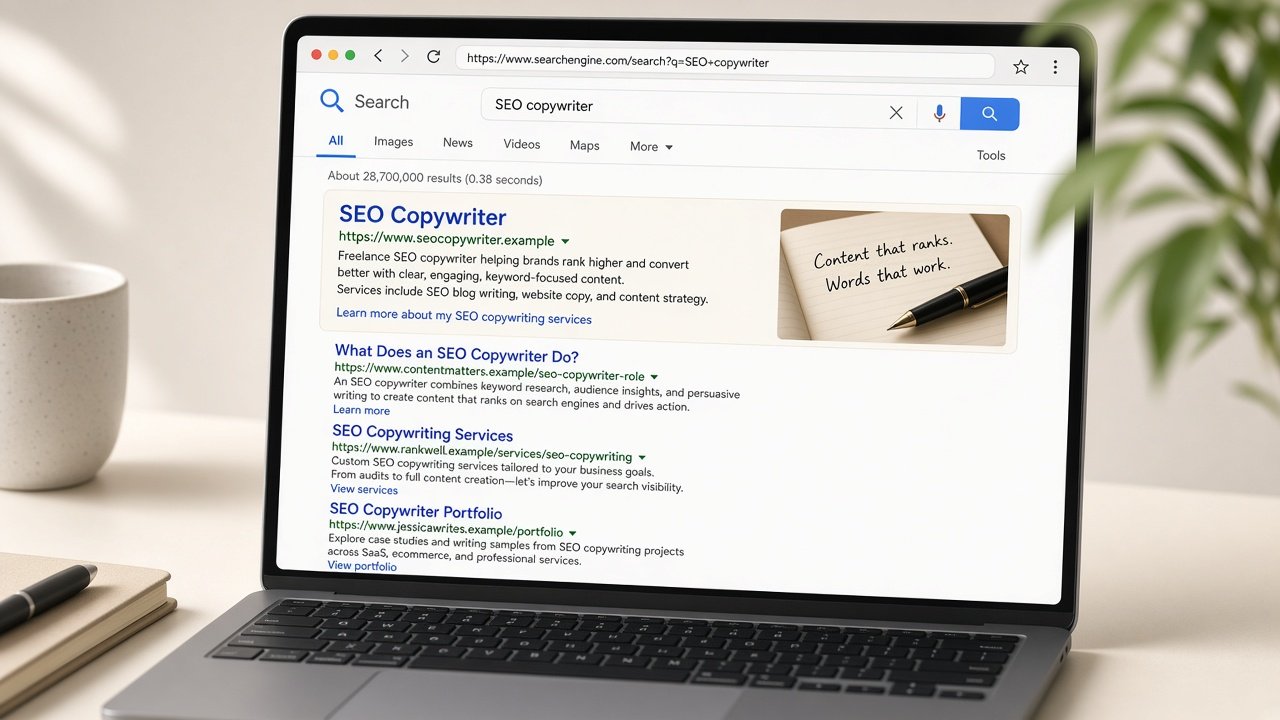 Laptop showing a search results page for SEO copywriter with a rich result preview